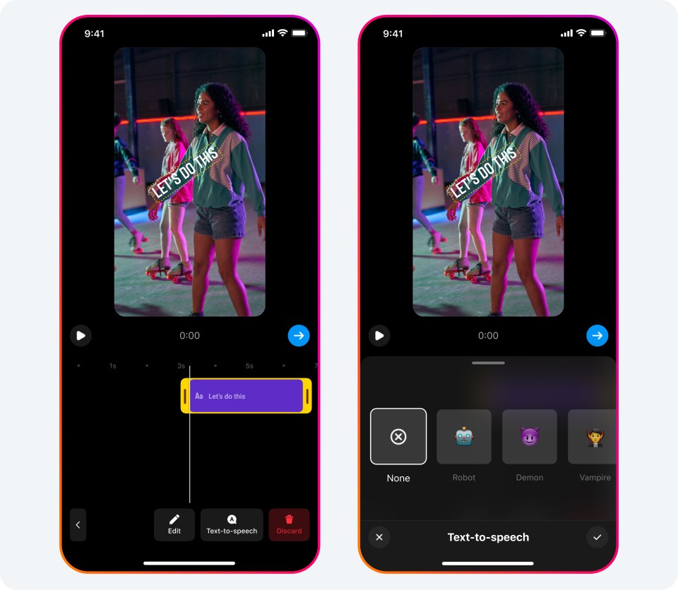 Instagram Reels interfaces showing text-to-speech and selectable voices.