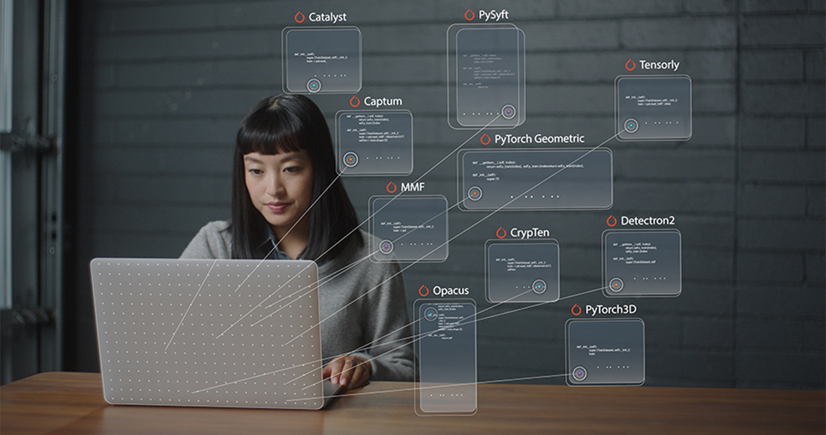 Official PyTorch article artwork showing its software ecosystem and a developer at a laptop.